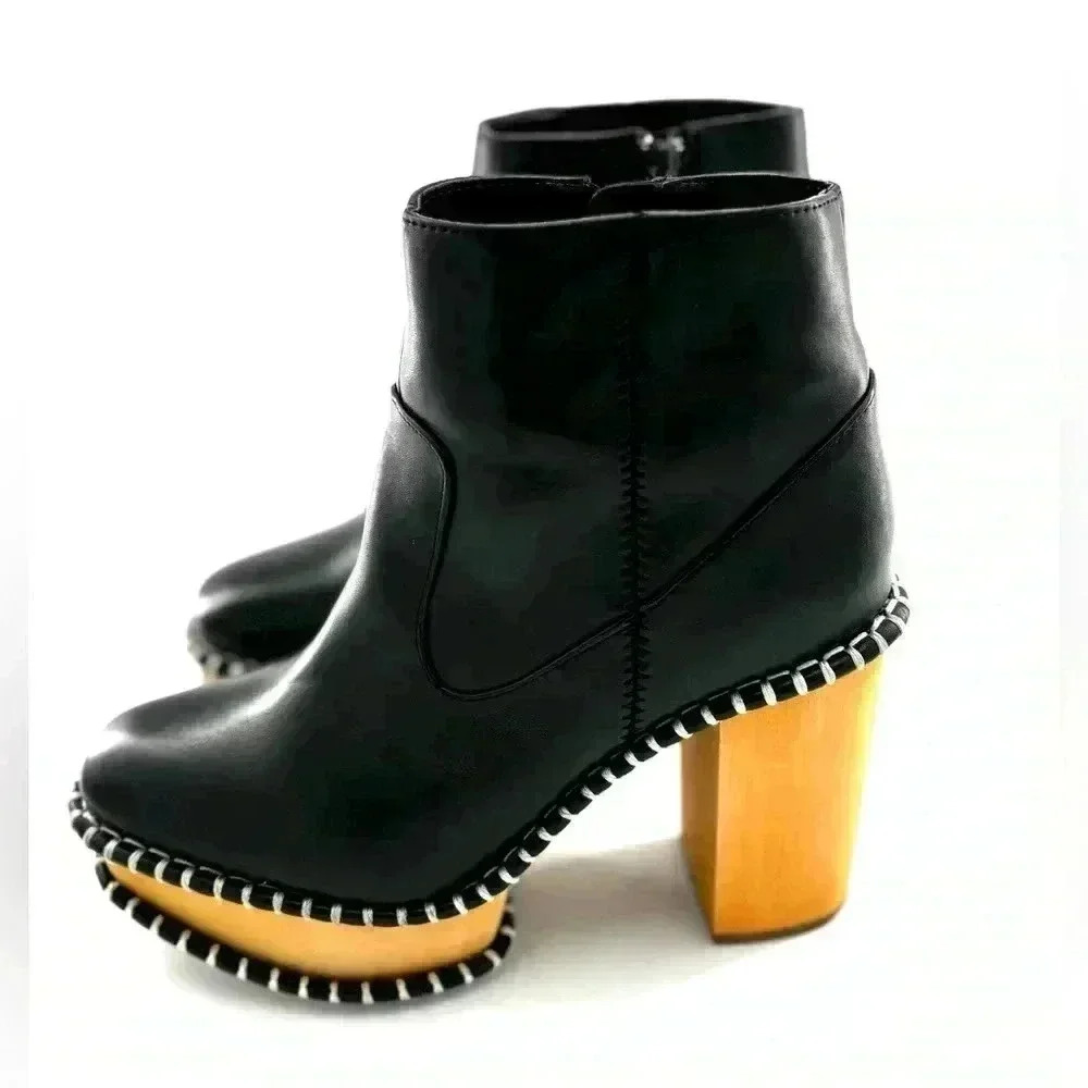 Moussy Platform Black Leather Booties Wooden Sole High  Heels size 5.5-6 Women’s